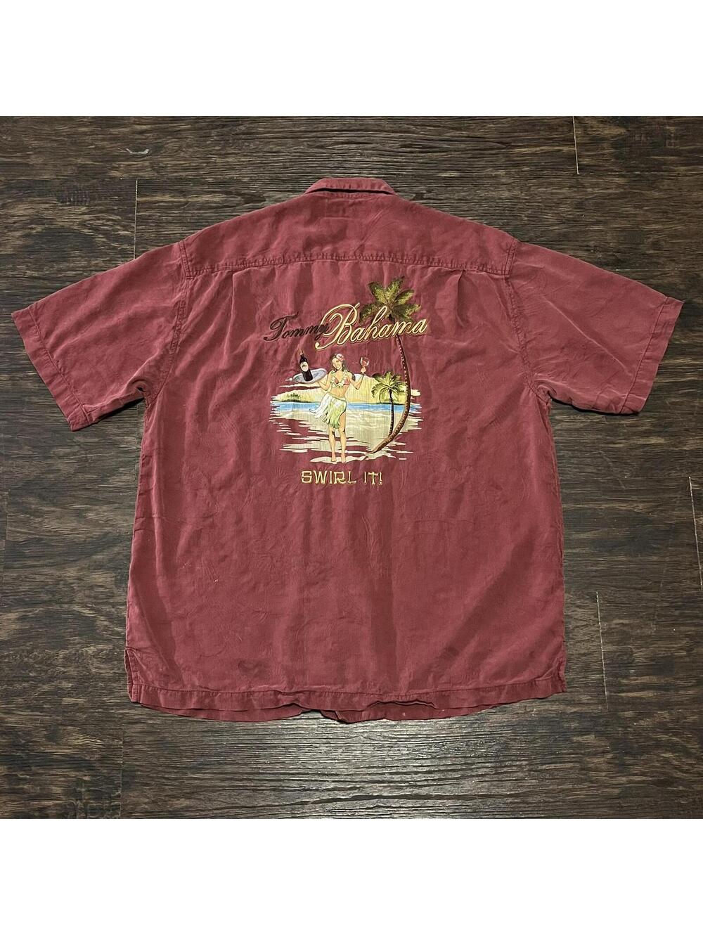 Tommy Bahama Swirl It Hula Girl Embroidered Shirt Red Silk Size Large